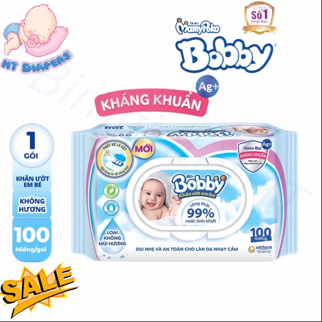 Khăn ướt Bobby không mùi 100 tờ (màu xanh)