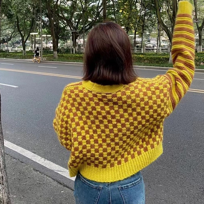 Áo Sweater Tay Dài Họa Tiết Sọc Caro Áo Khoác Dệt Kim Màu Sắc Tương Phản Thời Trang Mùa Thu Cho Nữ