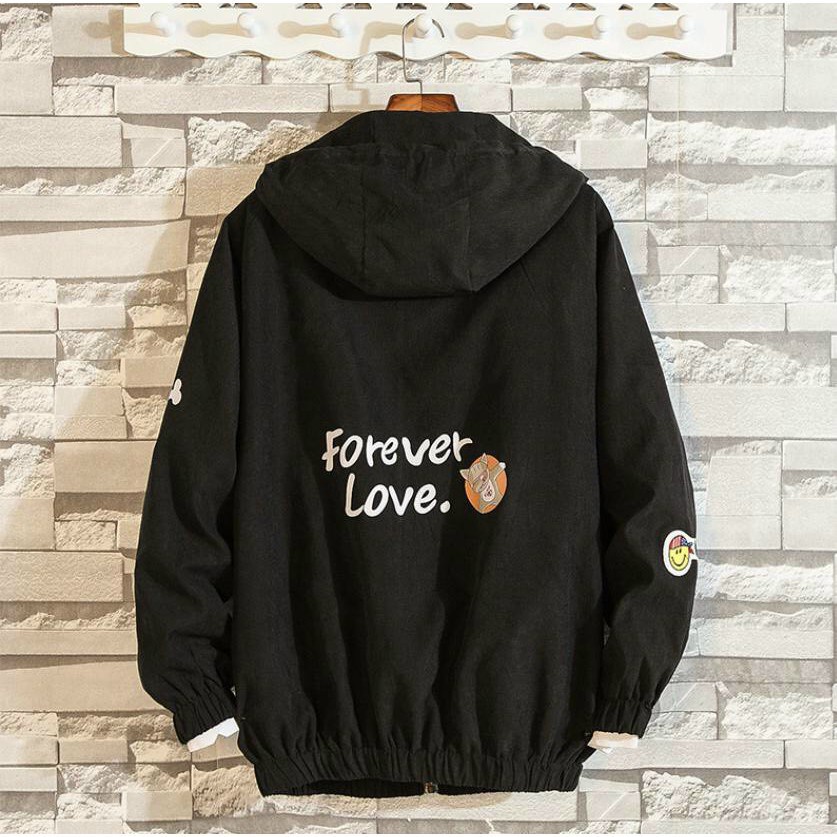 Áo khoác dù 2 lớp có mũ in FOREVER LOVE, áo khoác gió chống nắng thời trang nam nữ đều mặc được