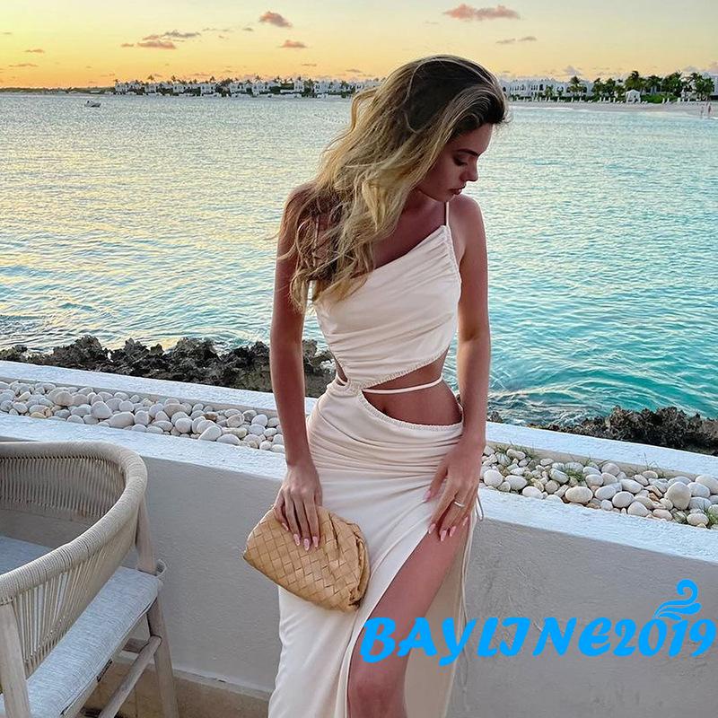BAY-Female Long Dress, Summer Solid Color Sleeveless Spaghetti Strap Hollow Out One-Piece with Drawstring, S/M/L