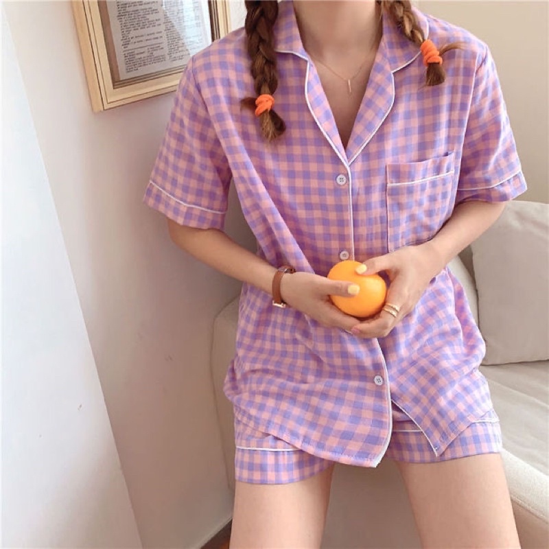 Đồ ngủ / Bộ ngủ pijama hoạ tiết kẻ caro mùa hè thoải mái ( SẴN )