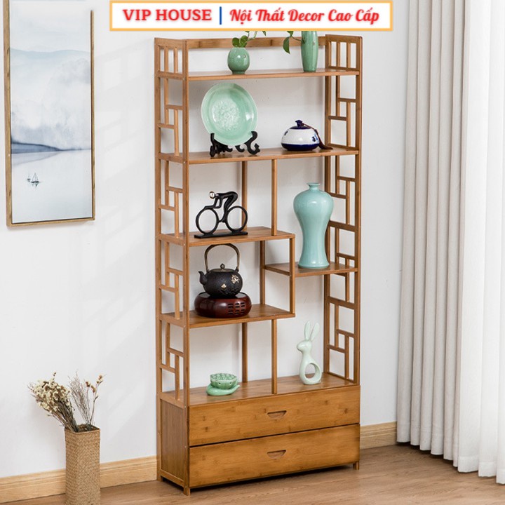 Kệ Trưng Bày Bằng Gỗ Tre Cao Cấp, Giá Sách Kèm Tủ Tân Cổ Điển Decor Phòng Khách Đẹp MGK052