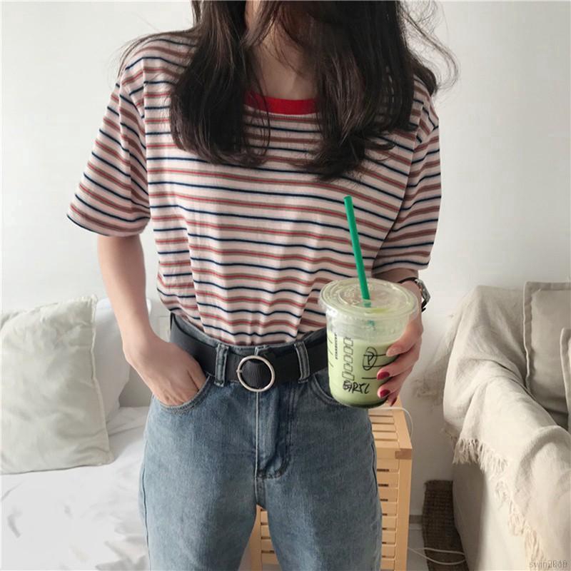 Áo thun nữ Women's Fashion Casual Striped Loose T Shirt