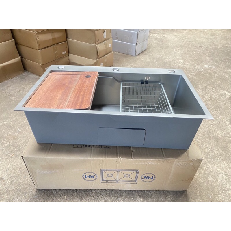 Chậu rửa chén bát 1 hố Nano xám chống xước tặng kèm thớt+rổ+ rửa cốc thông minh