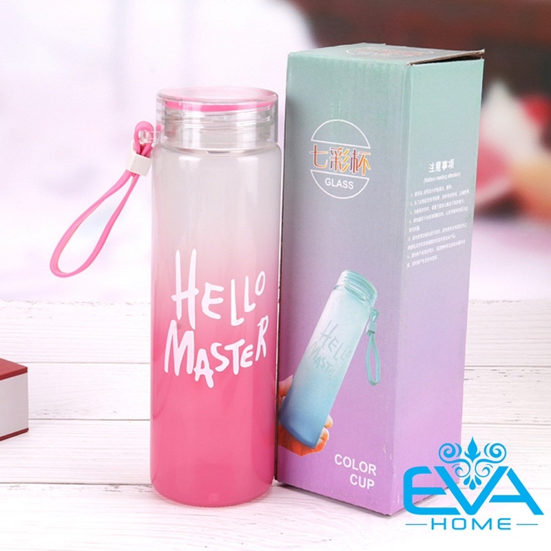 Bình Đựng Nước Thủy Tinh Màu Mờ In Chữ Hello Master Kèm Dây Xách 450 Ml