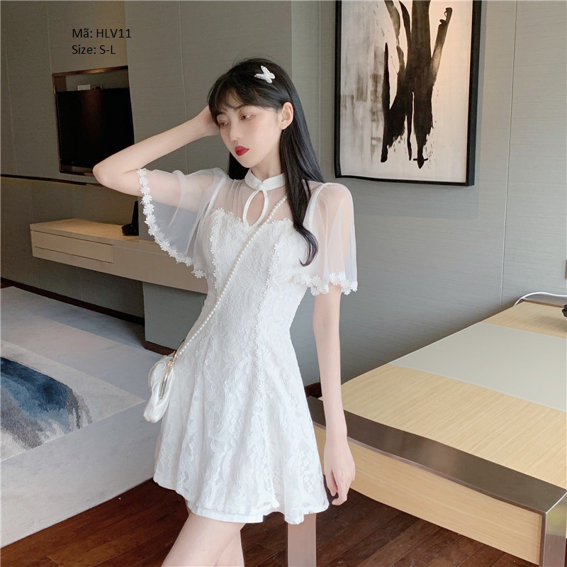 HL Fashion| HLV11 Váy trắng ren hoa cổ tàu khoét ngực kiểu sườn xám cách tân mẫu mới 2021