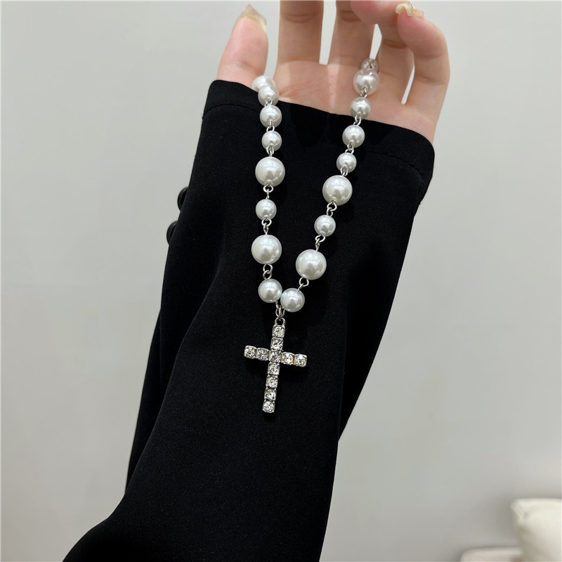 Vòng cổ Chuỗi Hạt Ngọc Trai Mặt Thánh Giá Đính Đá Pha Lê Phong Cách Hip Hop Cho Nam Và Nữ