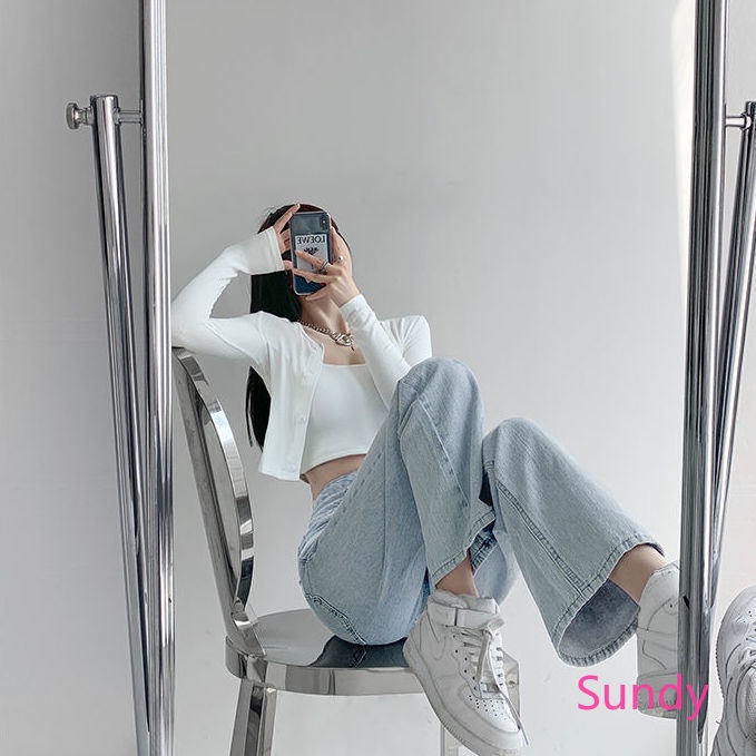 Quần jean lưng cao ống rộng phối nút đơn giản thời trang mùa hè dành cho nữ