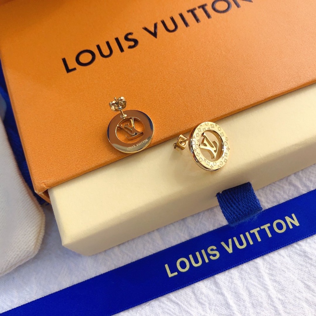 LOUIS VUITTON Khuyên Tai Tròn Bằng Thép Titan In Logo LV Thời Trang