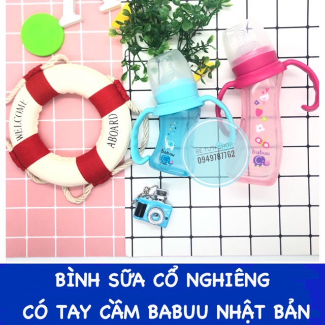 BÌNH SỮA NHỰA PES CỔ NGHIÊNG CHỐNG ĐẦY HƠI BABUU BABY KÈM TAY CẦM 90L/180ML  NHẬT BẢN
