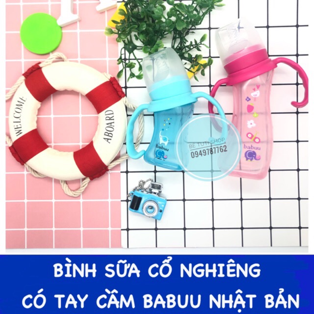 BÌNH SỮA NHỰA PES CỔ NGHIÊNG CHỐNG ĐẦY HƠI BABUU BABY KÈM TAY CẦM 90L/180ML (17931) NHẬT BẢN