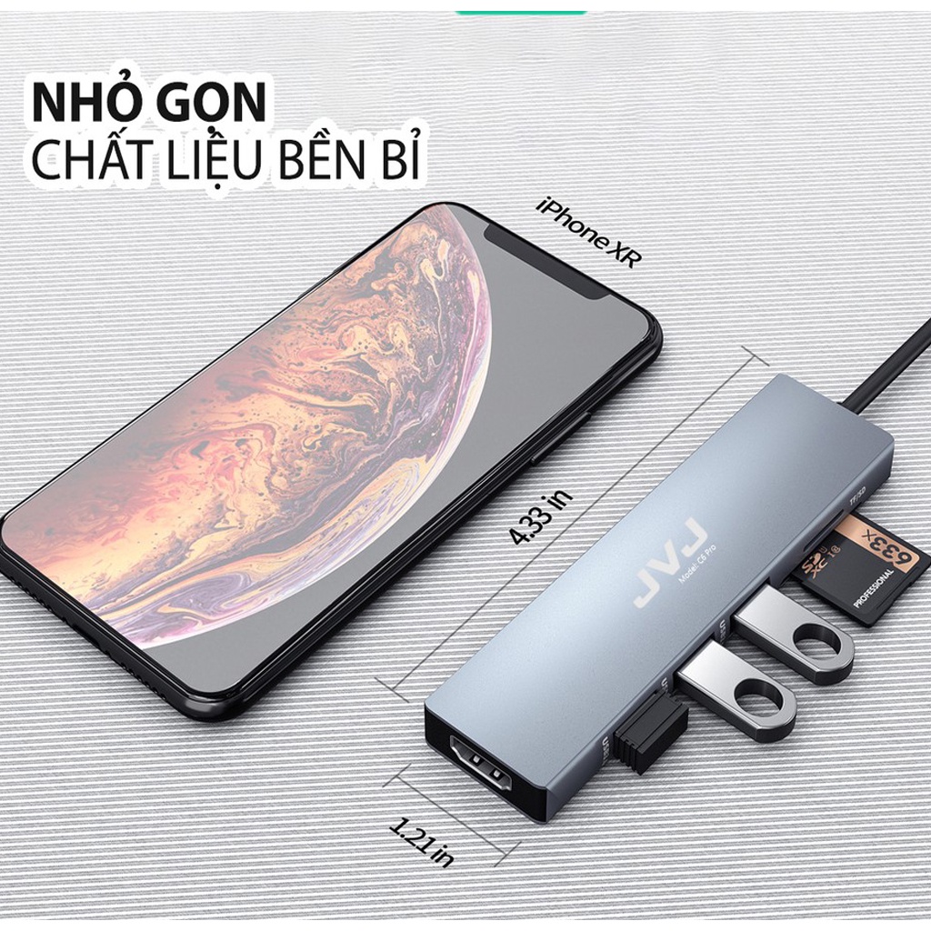 Hub type C Macbook laptop C6 JVJ 6 trong 1, chia cổng USB 3.0 tốc độ 500Mb/s SD, TF, 4K,HDMI, vỏ kim loại