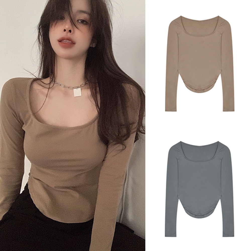 Áo thun nữ dài tay trơn màu, thiết kế cổ chữ U, phần trên siêu sexy lộ eo hai bên