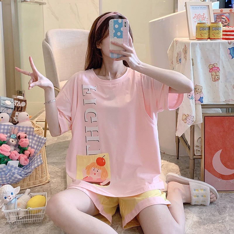 Bộ đồ bầu và sau sinh chất cotton cao cấp với thiết kế vén ngực cho con ti họa tiết xinh xắn BĐ866