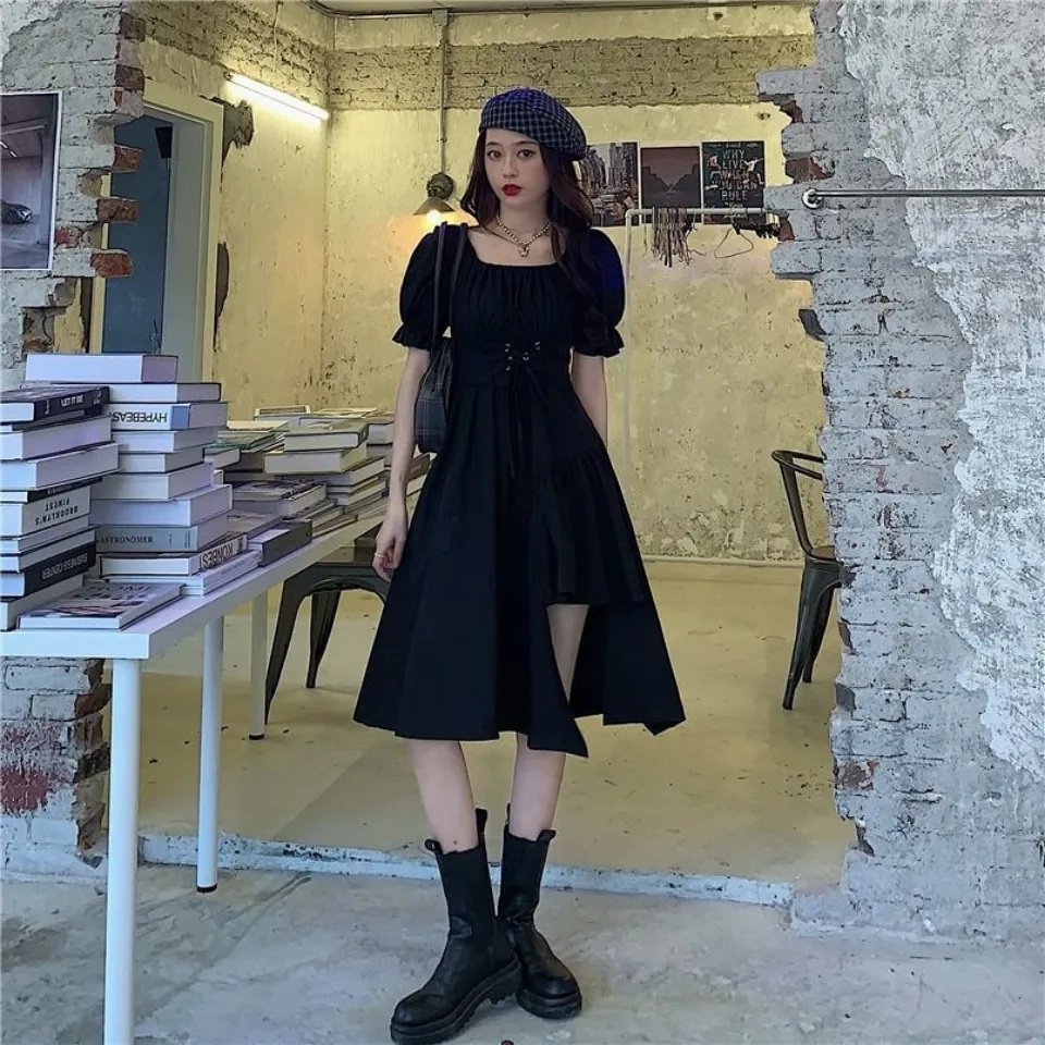 Đầm MURIOKI màu đen tay phồng thiết kế độc đáo thời trang mùa hè xinh xắn cho nữ