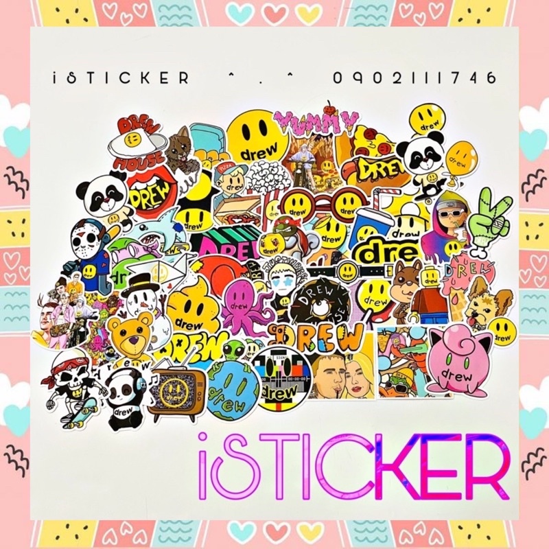 💖Set 50 cái💖 Sticker cute DREW HOUSE chất liệu pvc nhám cao cấp chống thấm dán vali, laptop, mũ bảo hiểm, điện thoại,...