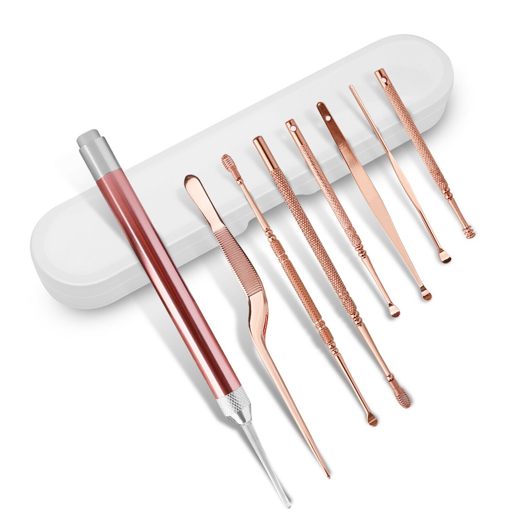 [Hàng mới về] Set 8 dụng cụ vệ sinh lấy ráy tai chất liệu thép không gỉ có đèn LED tiện lợi