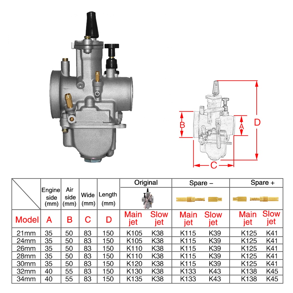 Bộ chế hòa khí chuyên dụng cho Pwk 21 24 26 28 30 32 34 2t 4t / Keihin Koo Pwk 75cc-250cc
