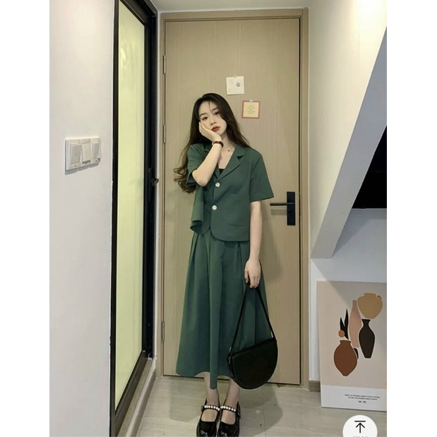 SET ÁO VEST XANH LÁ NÚT + CHÂN VÁY MIDI