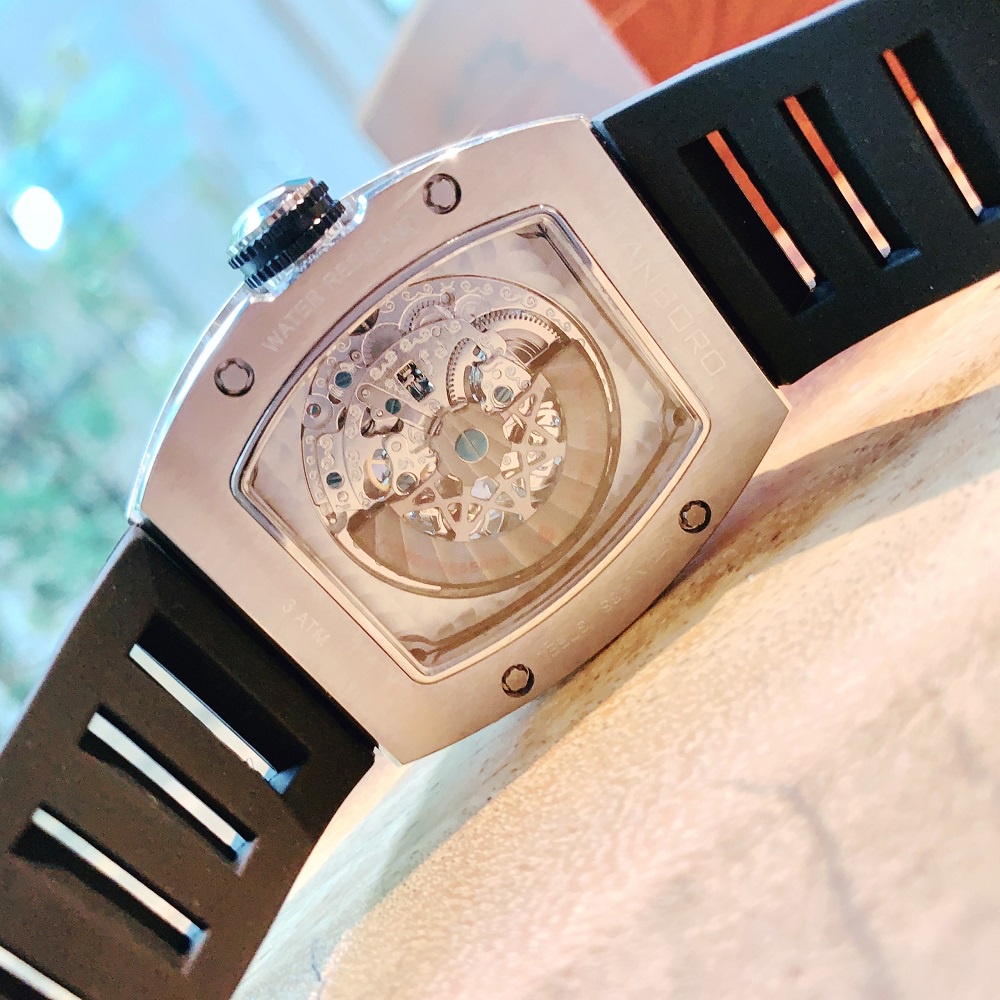 Đồng Hồ Nam Hanboro By Huboler Automatic Dây Silicon Đen Đính Đá Silver 40x48mm Chính Hãng