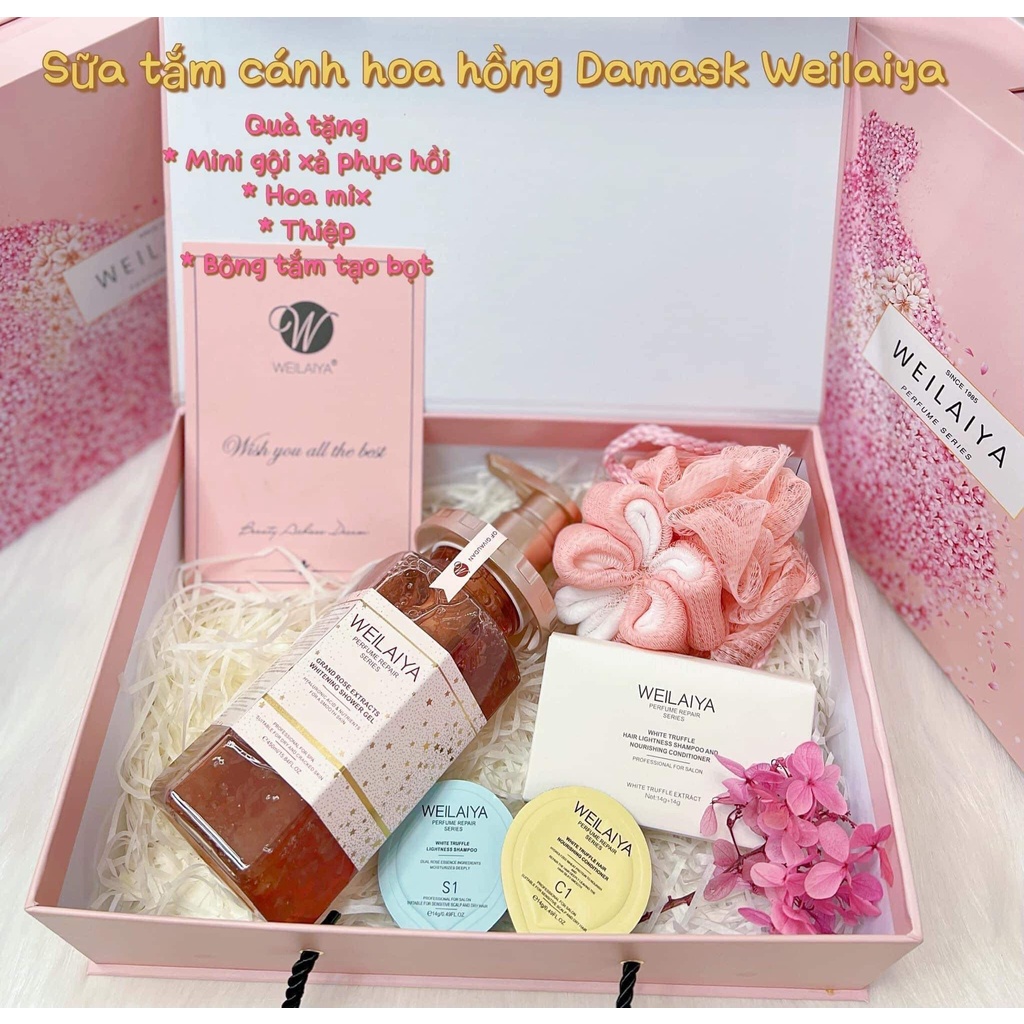 Set quà sữa tắm Weilaiya, sữa tắm trắng da cánh hoa hồng Damask. Tặng mini phục hồi nấm truffle, thiệp quà, bông tắm