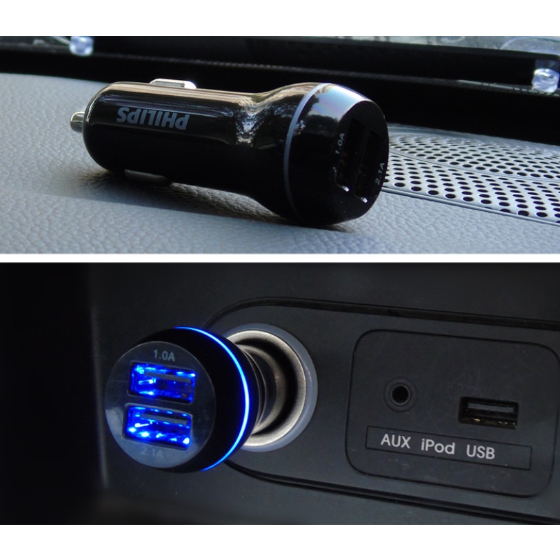 Tẩu sạc dành cho ô tô cao cấp Philips DLP2357 Giao diện đầu ra USB kép - Bảo hành 12 tháng