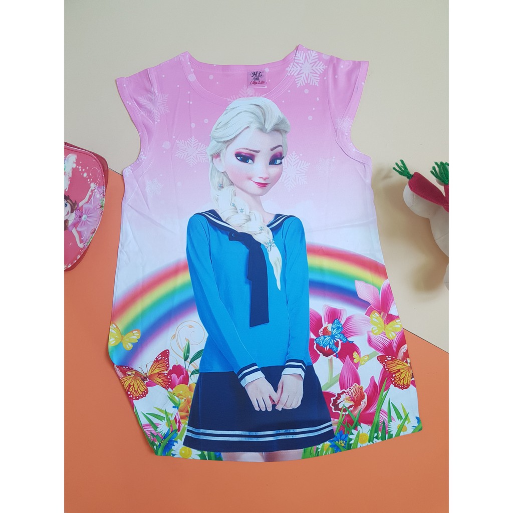 TE4-Đầm thun chữ A- in 3D hình công chúa Elsa-Anna -BUM SHOP