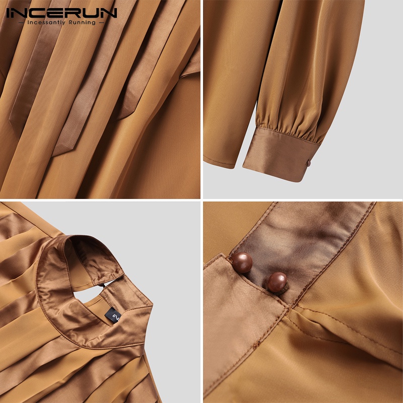 Áo kiểu INCERUN cổ lọ tay dài xếp ly màu trơn phong cách vintage thời trang cho nam