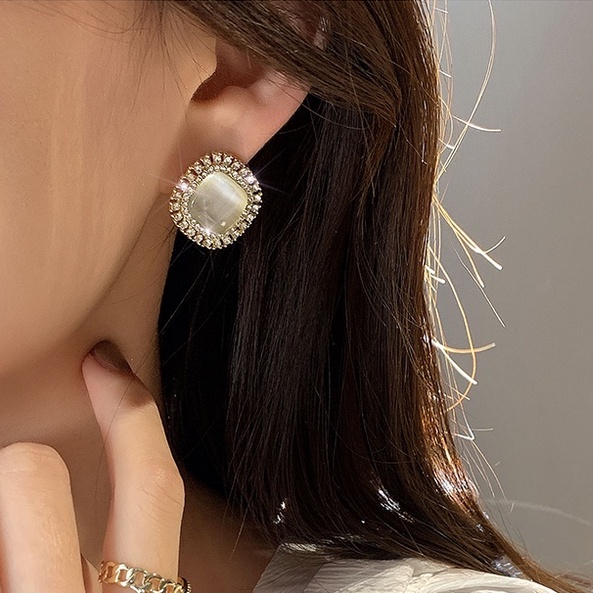 Bông Tai Mạ Bạc 925 Hình Vuông Đính Đá Quý Thời Trang Phong Cách Hàn Quốc Cho Nữ