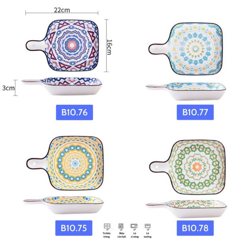 Đĩa sứ decor , đĩa sứ vuông có tay cầm Bohemia Holame
