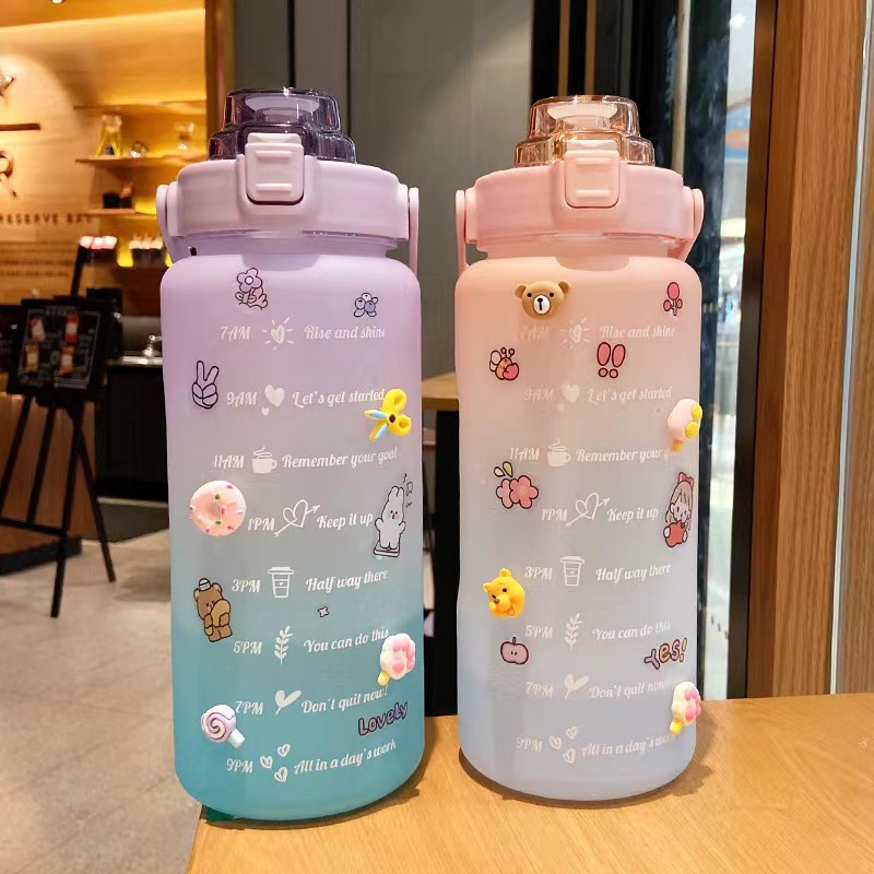 Bình nước 2 lít có quai xách tặng kèm sticker dễ thương, bình uống nước 1200ml có vạch nhắc giờ