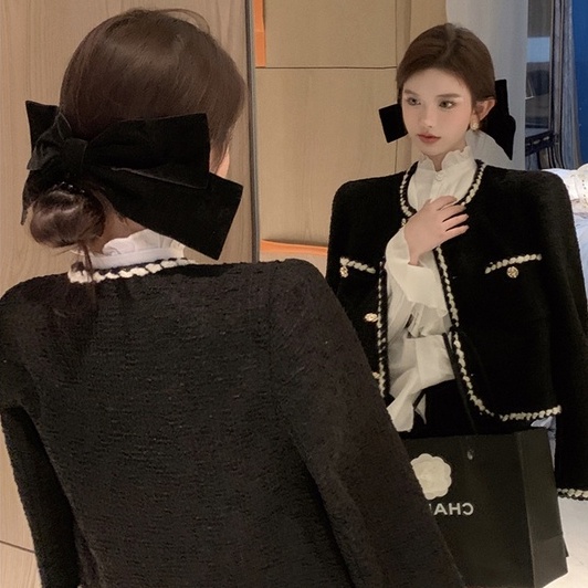 Áo dạ tweed nữ màu đen sang chảnh, áo khoác ngoài nữ