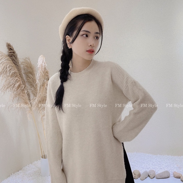 Áo len nữ form rộng FM Style dài tay cổ tròn xẻ tà chất len mịn thời trang thu đông phong cách hàn quốc 211106124