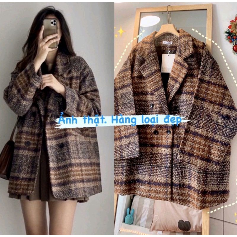 ÁO KHOÁC NỮ - ÁO KHOÁC DẠ NỮ LOANG NÂU 4 KHUY MÀU CỰC TÂY