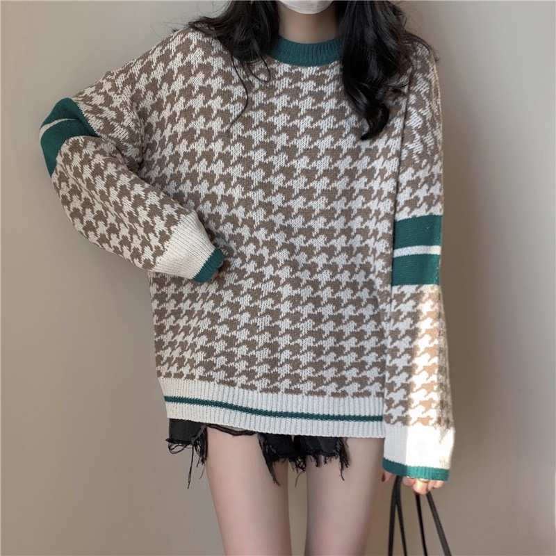 kumivn áo len họa tiết nanh sói nâu phối kẻ tay dáng rộng ulzzang Hàn Quốc
