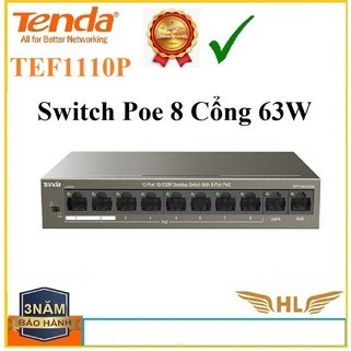 Switch Chia Mạng Poe 8 Cổng Tenda TEF1110P -63W 2 Cổng Uplink - Hàng Chính Hãng