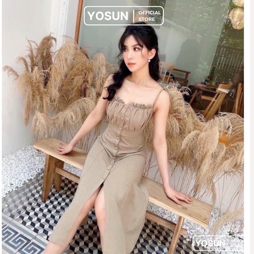 Đầm Nữ Dự Tiệc Hai Dây Nhúng Ngực Sang Chảnh, Váy Thiết Kế Nút Bọc Dáng Xòe Xinh Xắn 2 Màu Trắng Kem