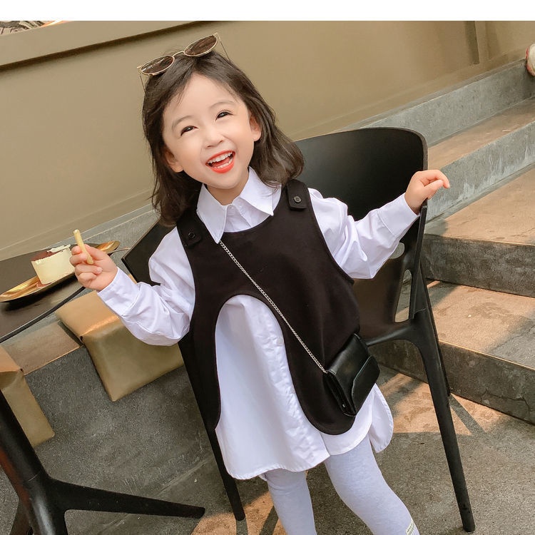 Set vest + áo sơ mi tay dài thời trang mùa thu dành cho bé gái 2-11 tuổi có bán lẻ