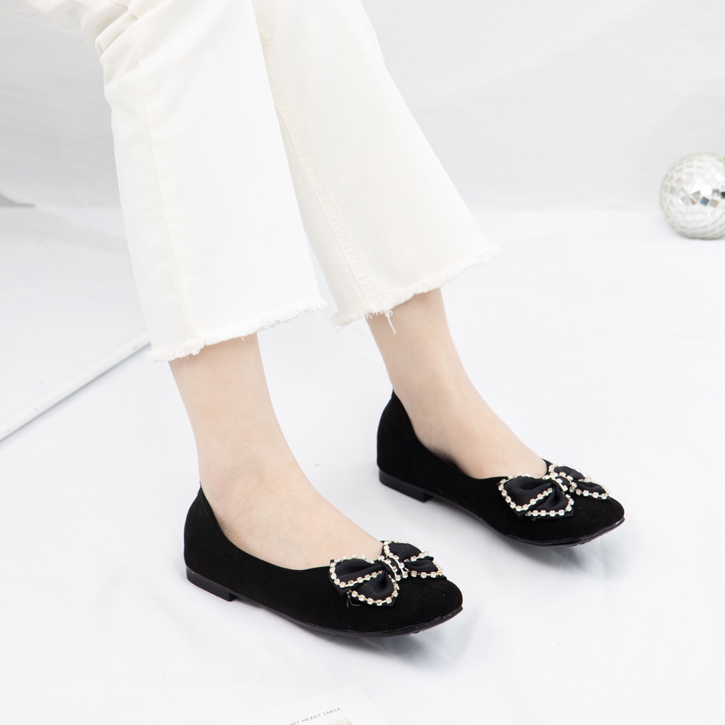 Giày MWC 2258 - Giày Búp Bê Đế, Mũi Vuông Đính Nơ Màu Đen Xinh Xắn