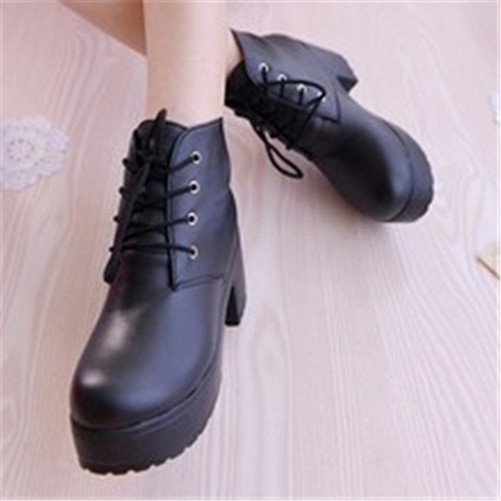 Giày Bốt Martin Nữ Ulzzang, Giày Da Cao Gót Cột Dây Đế Vuông 7cm Phong Cách Hàn Quốc, Vintage - Iclassy_shoes