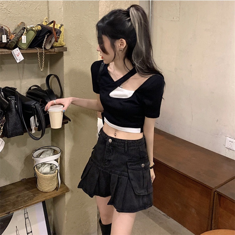 Áo Thun Trễ Vai Giả Hai Lớp Dáng Ôm Trẻ Trung Cá Tính Dành Cho Nữ