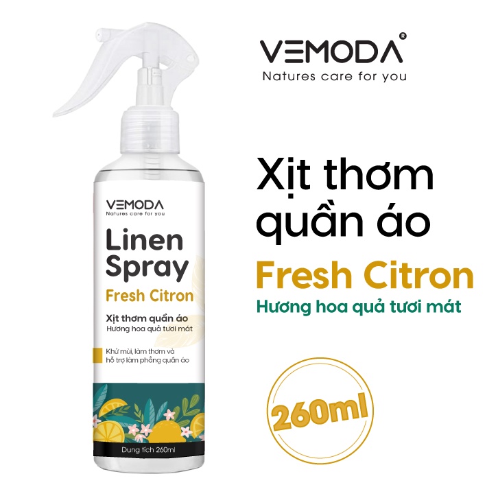 Xịt thơm quần áo Vemoda Fresh Citron 20ml/260ml cao cấp giúp khử mùi ẩm mốc, làm thơm vải nhanh chóng