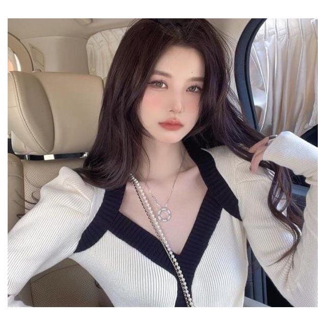 Cardigan Áo Len-Thiết kế cảm giác thích hợp tương phản màu sắc áo len dài tay của phụ nữ áo mới áo len mỏng nhẹ nhàng kết hợp tất cả các kết hợp
