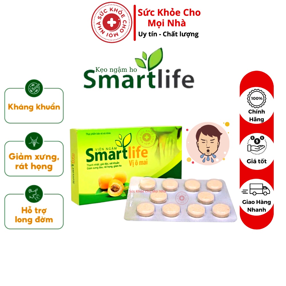 Viên ngậm ho Smartlife vị ô mai hỗ trợ giảm ho đau rát họng thanh nhiệt giải độc hộp 20 viên