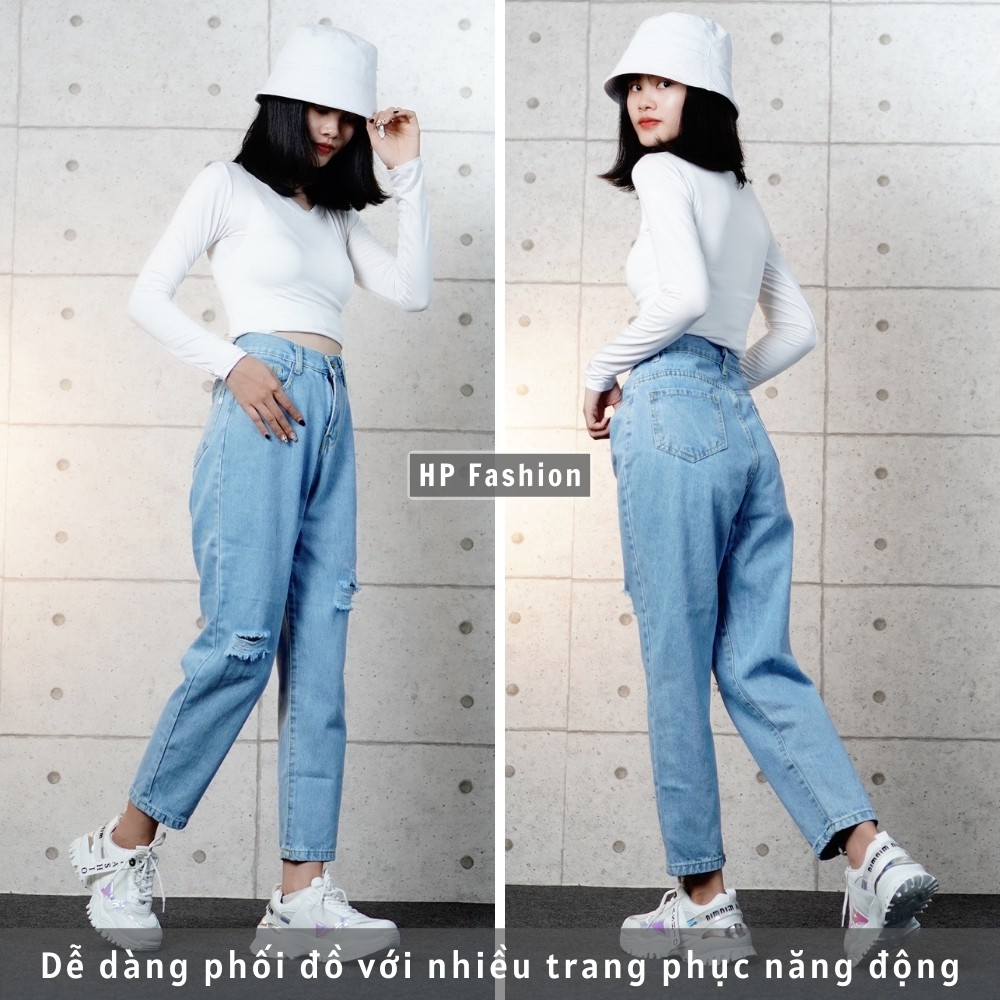 Quần baggy nữ ❤️ Quần jean cạp lưng cao rách gối chất bò dày dặn trẻ trung - QJ01