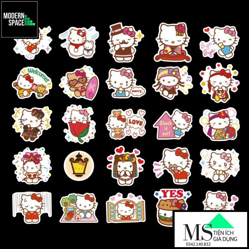 Sticker PVC Hoạt hình Hồng Hello Kitty ST-101 - Cả bộ 100 Hình dán Stickers Chống nước