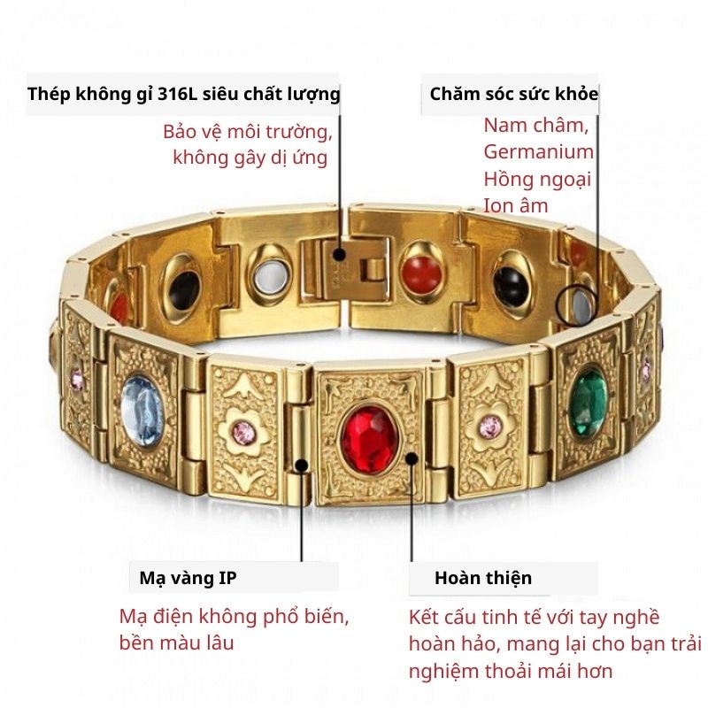 Vòng điều hòa huyết áp Nhật Bản, Vòng đeo tay 5in1 đính đá, ổn định sức khỏe cho người cao tuổi