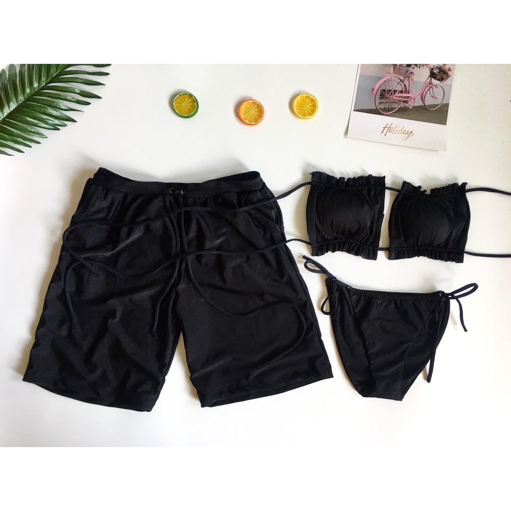 Bikini cặp nhún bèo cúp ngang màu đen