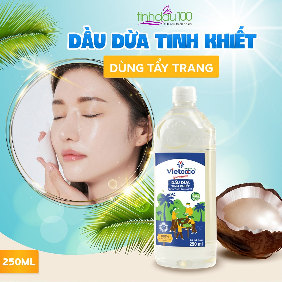 Tinh dầu dừa Vietcoco nguyên chất dưỡng da, tóc, massage mặt, body, tẩy trang, dưỡng môi 250ml Tinh Dầu 100 Shop