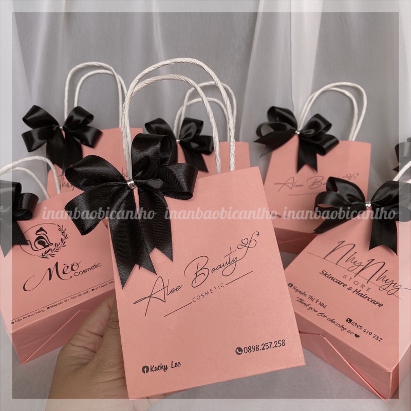 100 túi giấy Hồng đào in logo theo yêu cầu  - Túi giấy in đựng mỹ phẩm, đựng quần áo